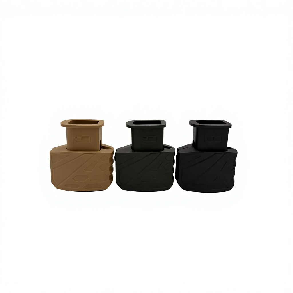 Compact Magazine Loader in black — supplier photo shows tan, green, and black units together; only the black model is offered.