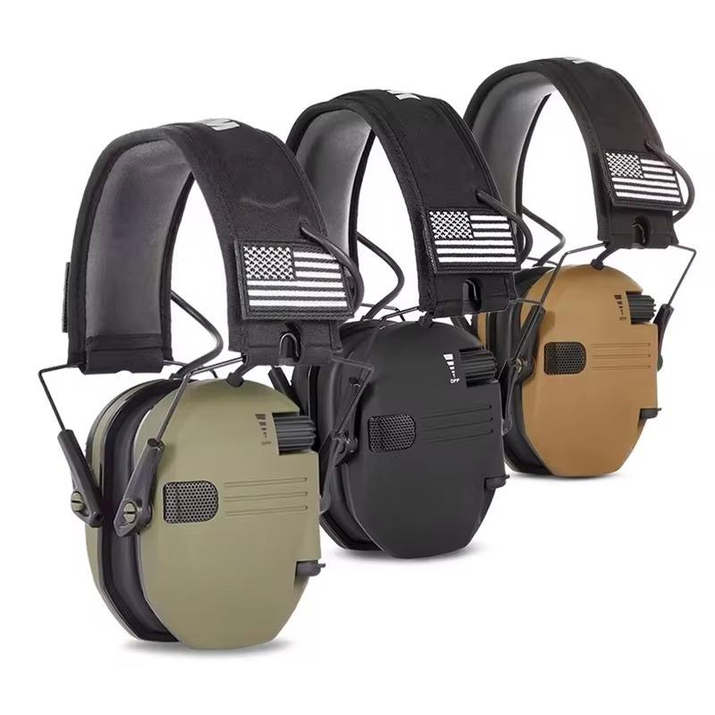 Electronic Range Earmuffs in black — supplier lead photo shows olive, black, and tan models together; only the black model is offered.